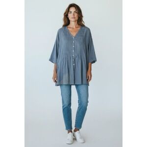 MIX AND MATCH Blue Pleated Tunic Top 34 Sleeve Button Front V Neck Women L